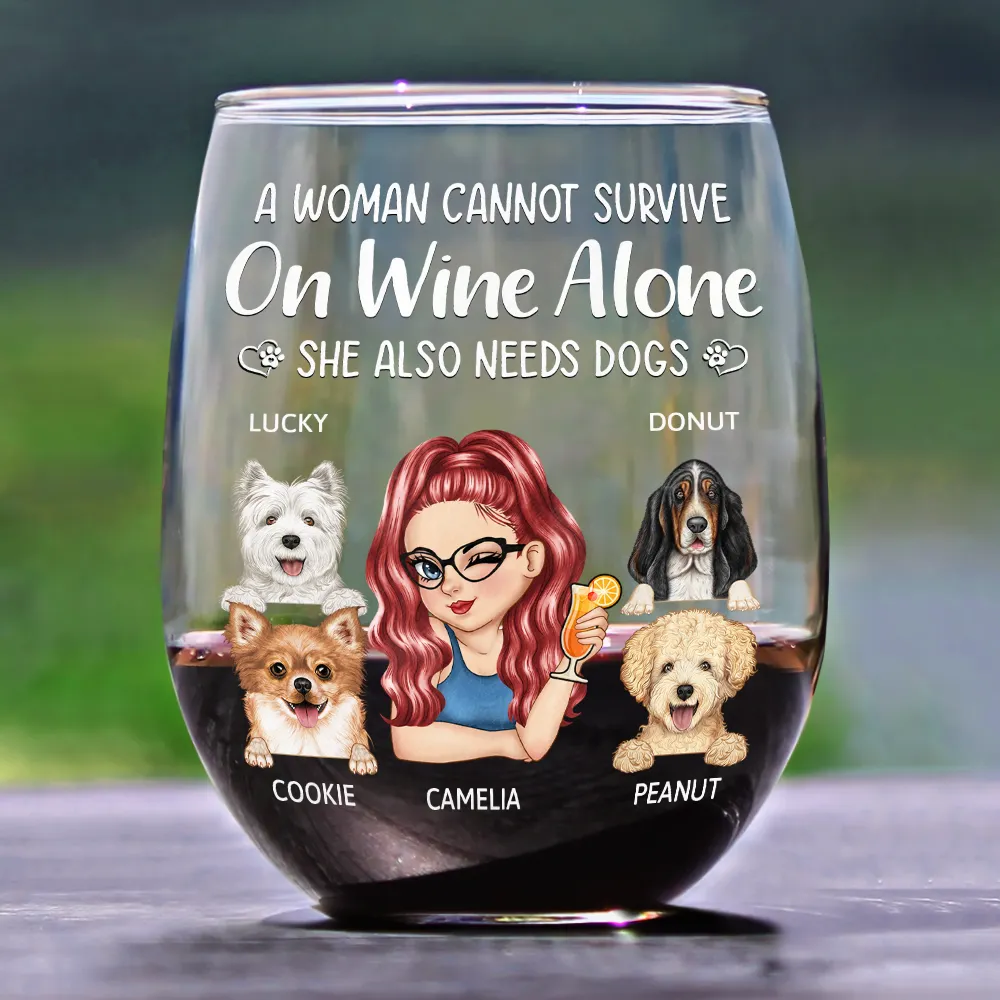 A Woman Cannot Survive On Wine Alone Dog Moms - Personalized Stemless Wine Glass - Image 2