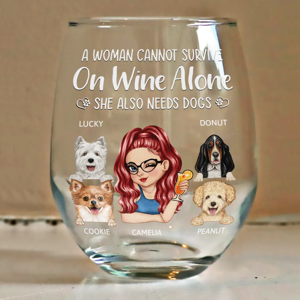 A Woman Cannot Survive On Wine Alone Dog Moms - Personalized Stemless Wine Glass - Image 4