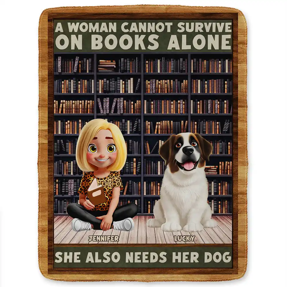 A Woman Man Cannot Survive On Books Alone Dog 3D Effect - Personalized Fleece Blanket, Sherpa Blanket - Image 2