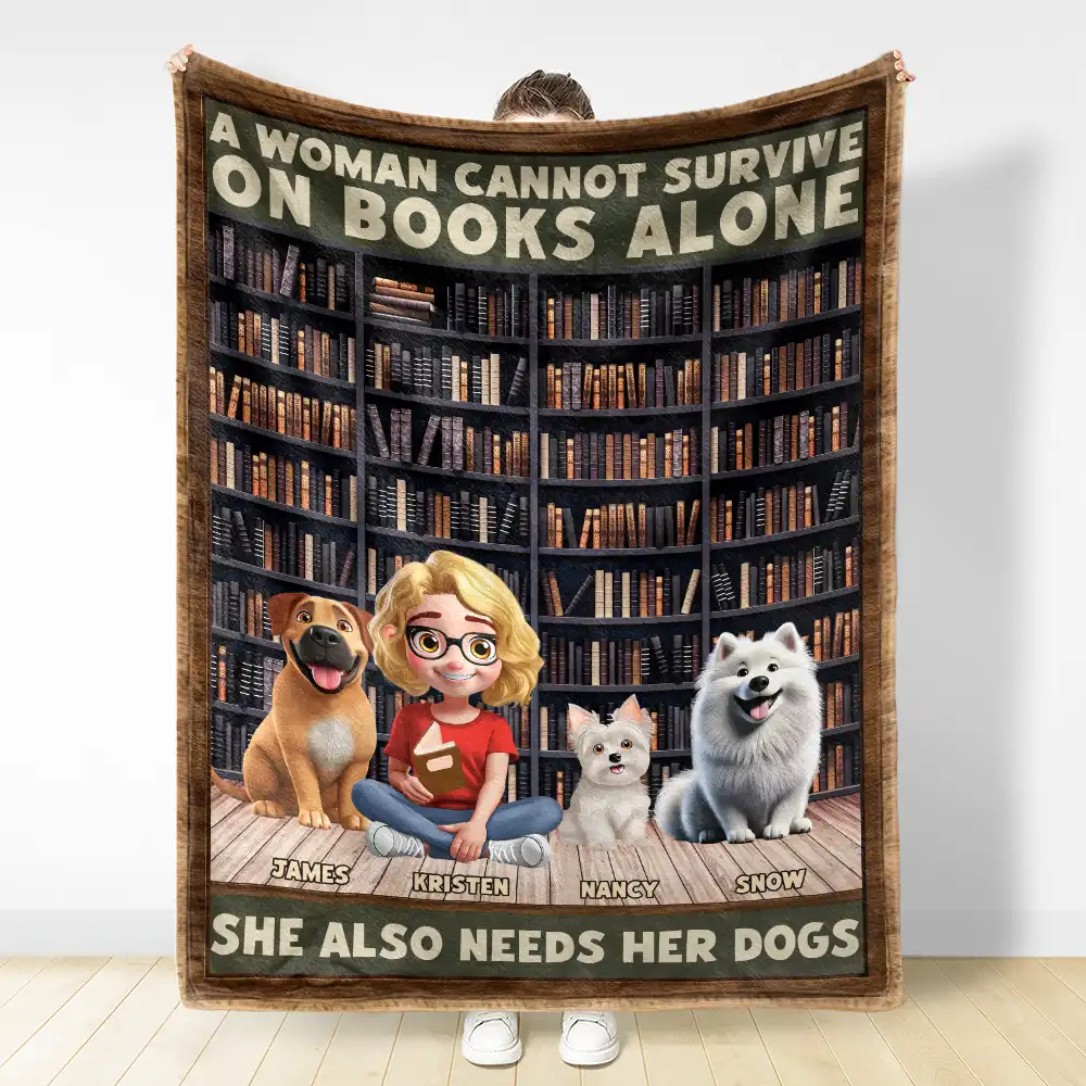 A Woman Man Cannot Survive On Books Alone Dog 3D Effect - Personalized Fleece Blanket, Sherpa Blanket - Image 3