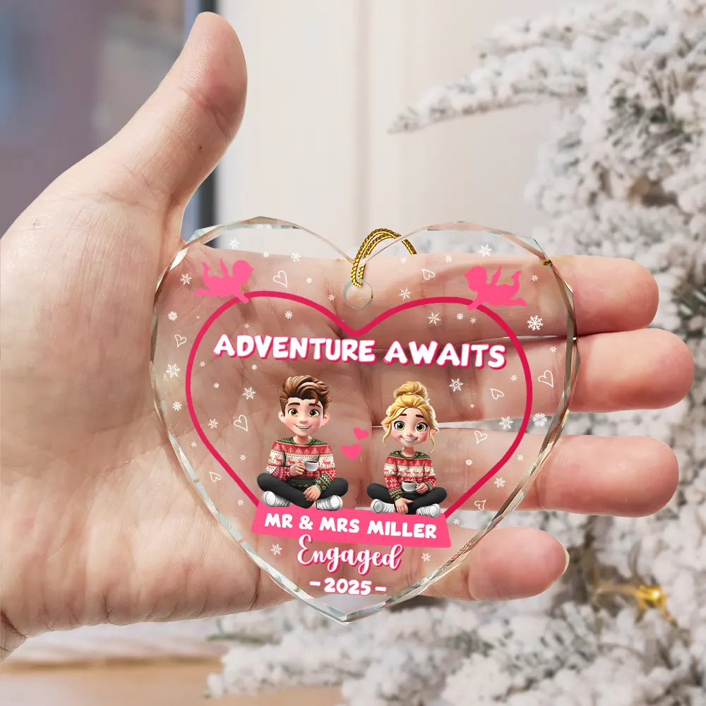 Adventure Awaits Mr And Mrs Family Name - Personalized Heart Shaped Glass Ornament - Image 3