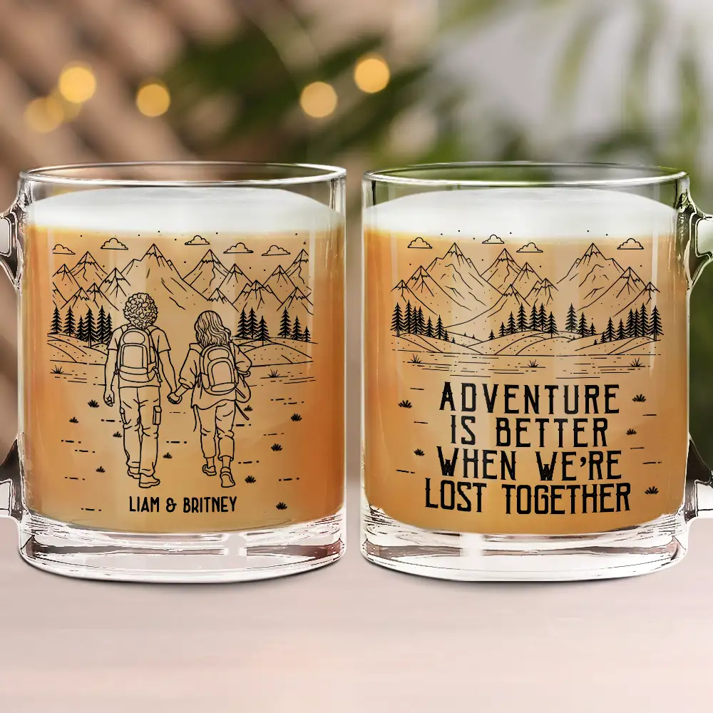Adventure Partners For Life Couple Line Art - Personalized Glass Mug - Image 2