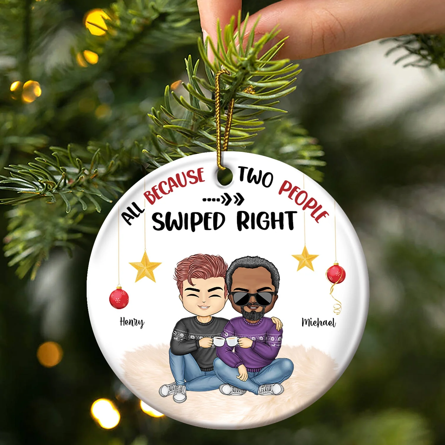 All Because Two People I Have Found Online - Christmas Gift For Couples - Personalized Circle Ceramic Ornament - Image 3