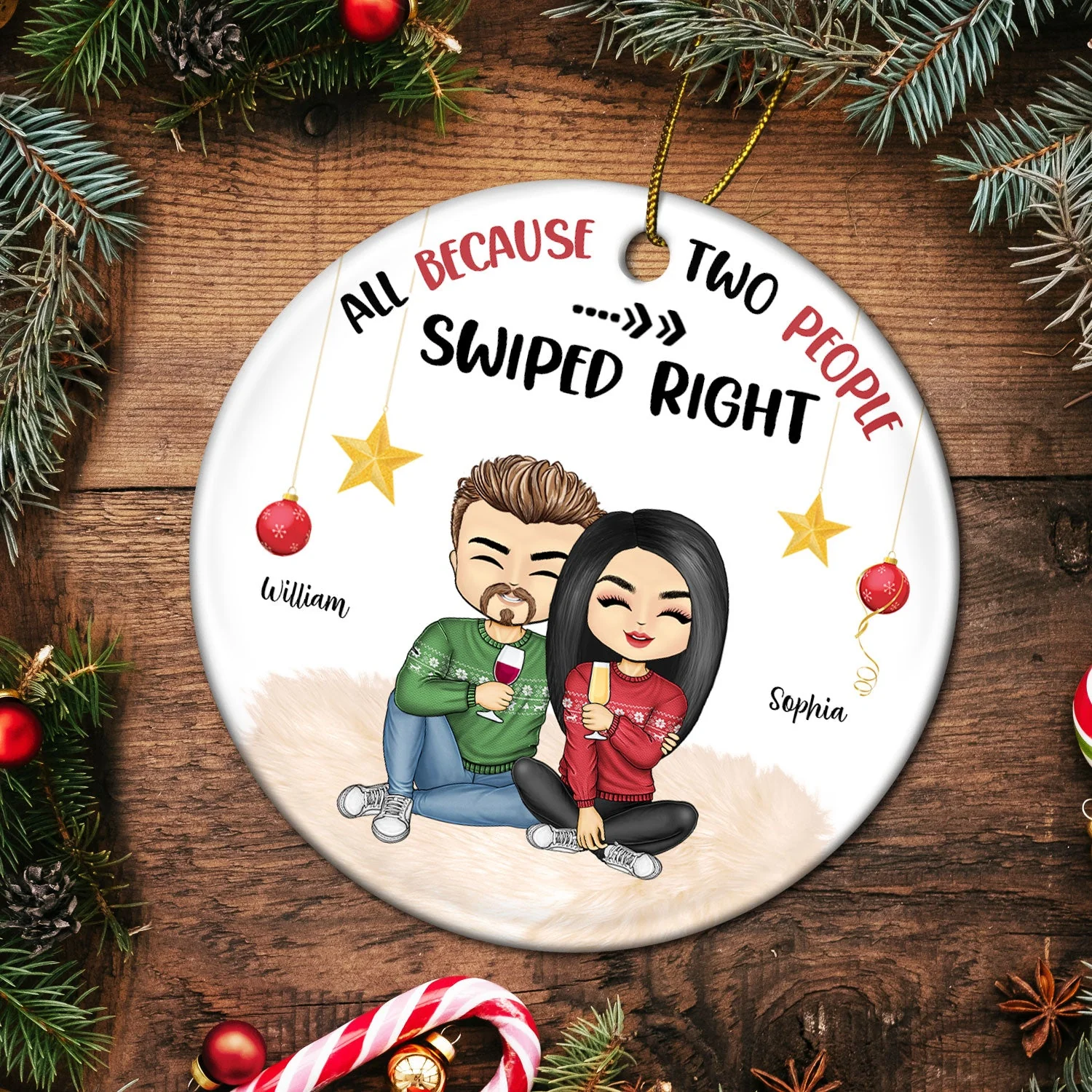 All Because Two People I Have Found Online - Christmas Gift For Couples - Personalized Circle Ceramic Ornament - Image 5