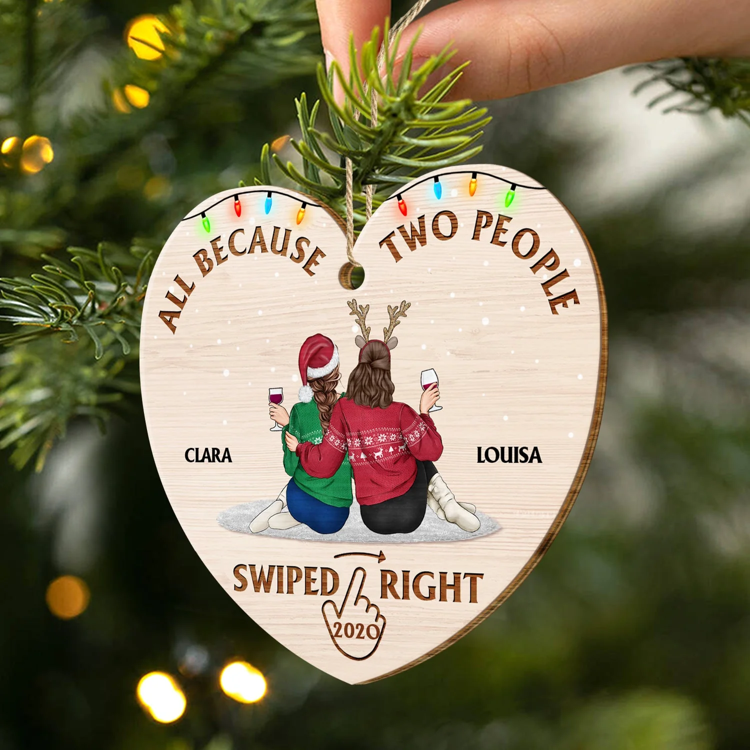 All Because Two People Swiped Right - Christmas Gift For Couples, Husband, Wife - Personalized Custom Shaped Wooden Ornament - Image 2