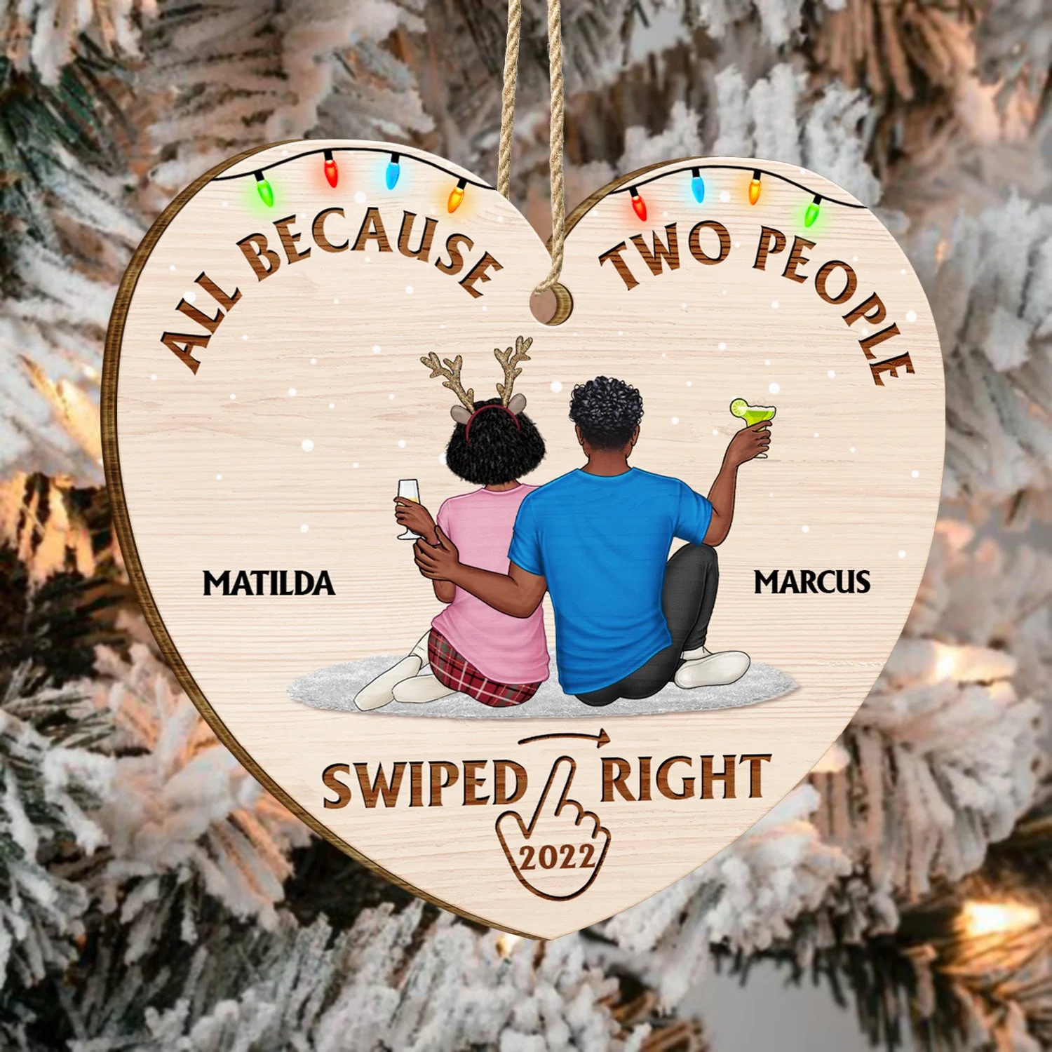 All Because Two People Swiped Right - Christmas Gift For Couples, Husband, Wife - Personalized Custom Shaped Wooden Ornament - Image 4