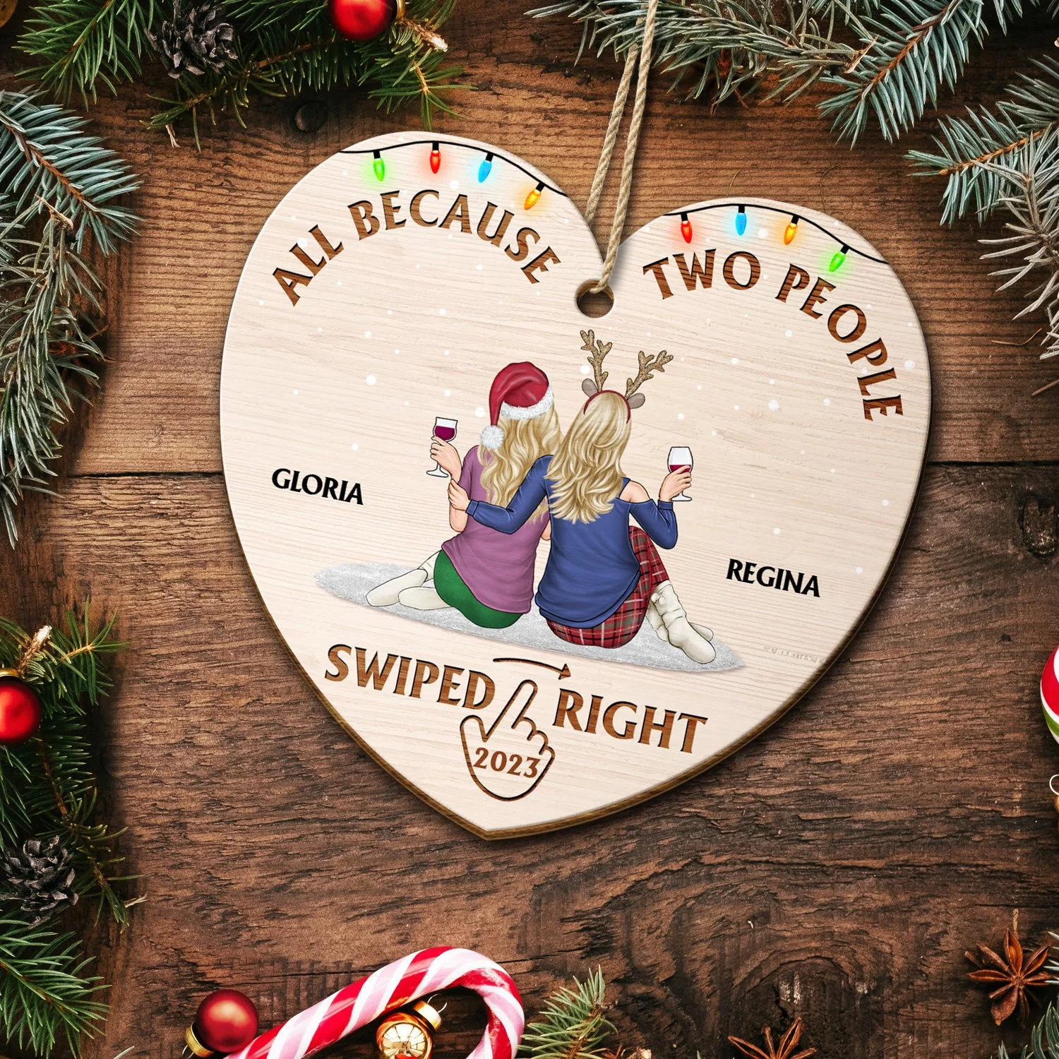 All Because Two People Swiped Right - Christmas Gift For Couples, Husband, Wife - Personalized Custom Shaped Wooden Ornament - Image 5