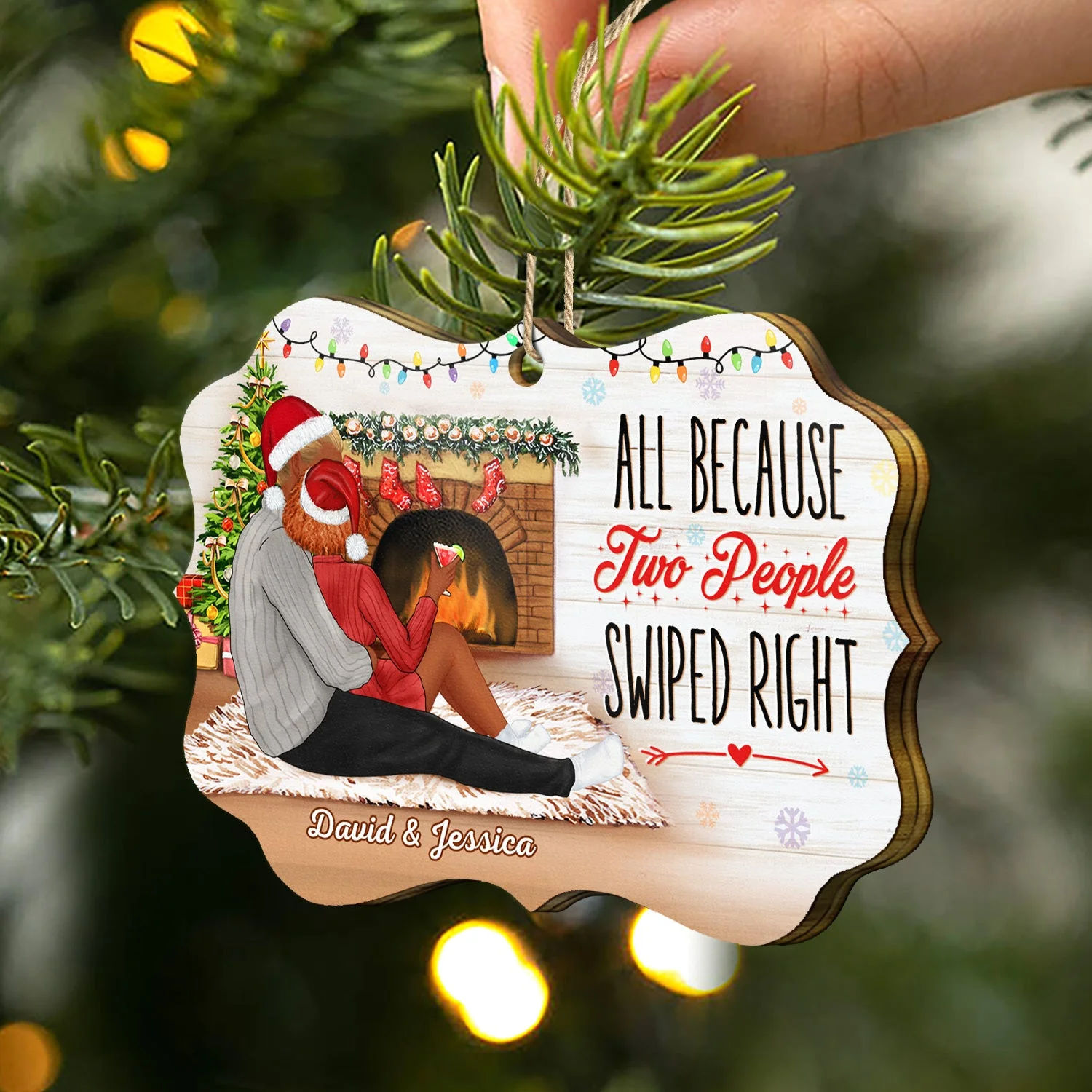 All Because Two People Swiped Right - Christmas Gift For Couples - Personalized Medallion Wooden Ornament - Image 2