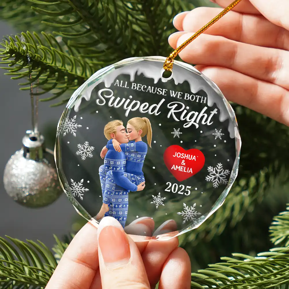All Because We Both Swiped Right 3D Kissing Couple - Personalized Glass Ornament - Image 2