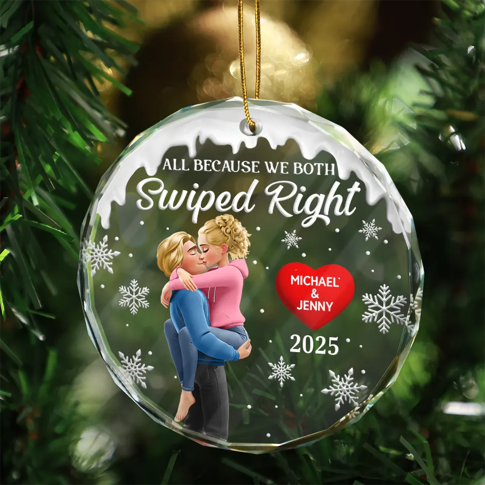 All Because We Both Swiped Right 3D Kissing Couple - Personalized Glass Ornament - Image 3
