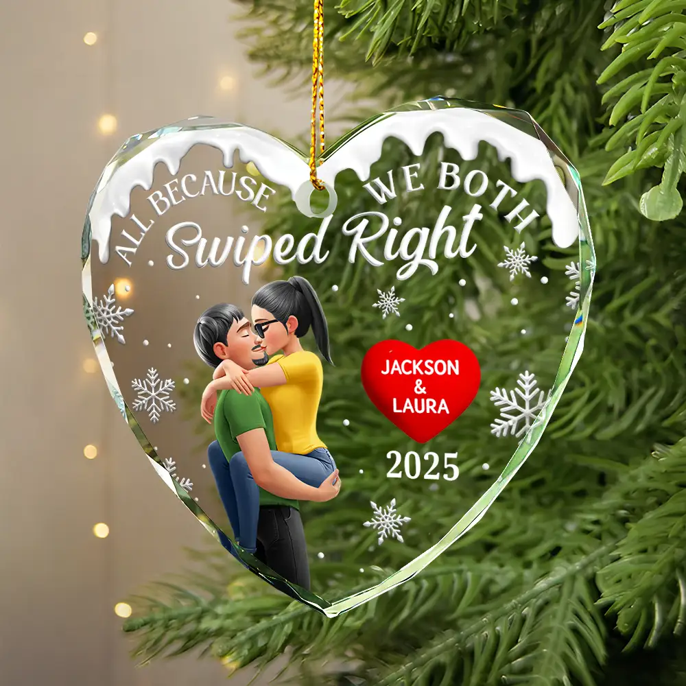 All Because We Both Swiped Right 3D Kissing Couple - Personalized Glass Ornament - Image 4