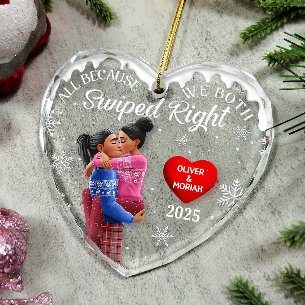 All Because We Both Swiped Right 3D Kissing Couple - Personalized Glass Ornament - Image 5