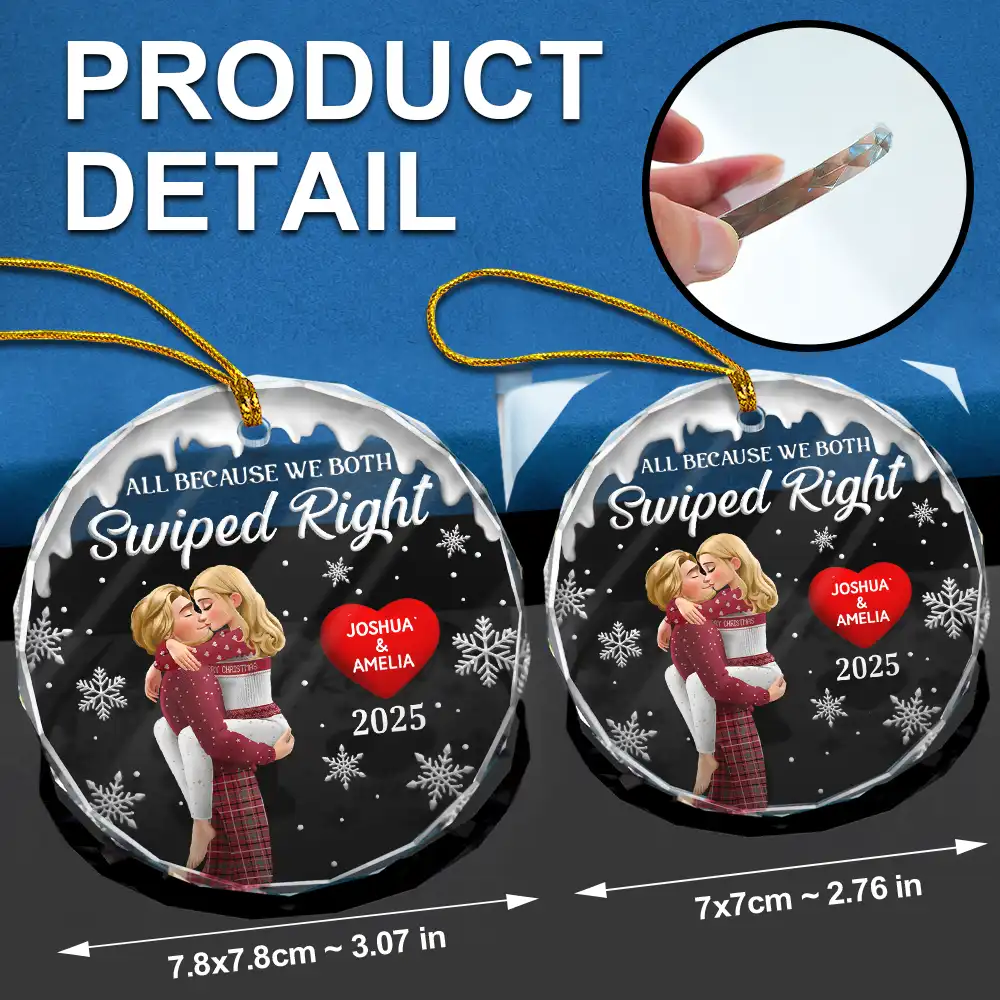 All Because We Both Swiped Right 3D Kissing Couple - Personalized Glass Ornament - Image 6