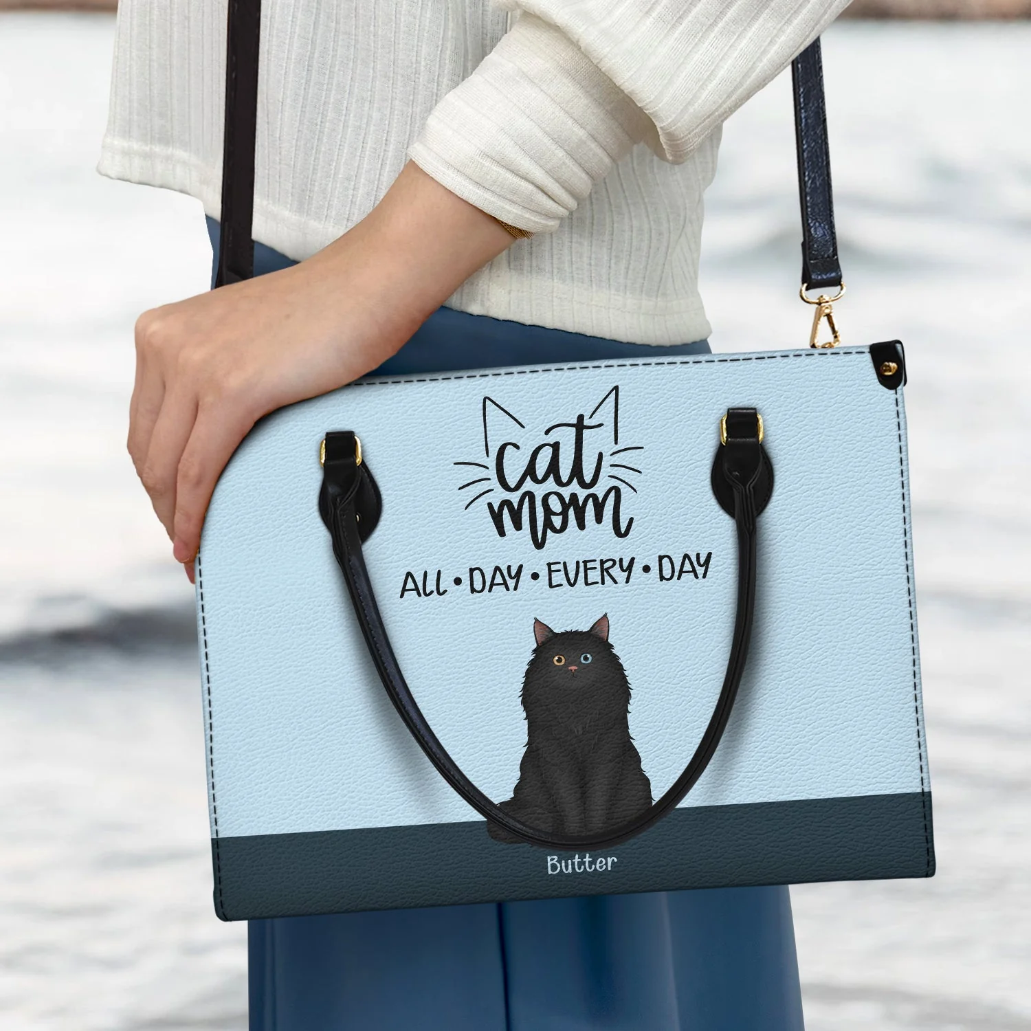 All Day Every Day - Gift For Cat Mom - Personalized Leather Bag - Image 3