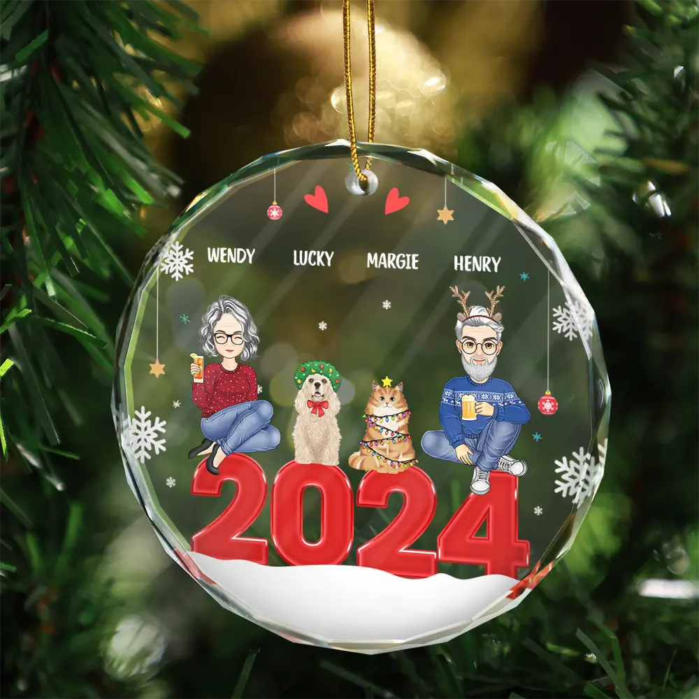 All Family With Dog Cat - Personalized Circle Glass Ornament - Image 3
