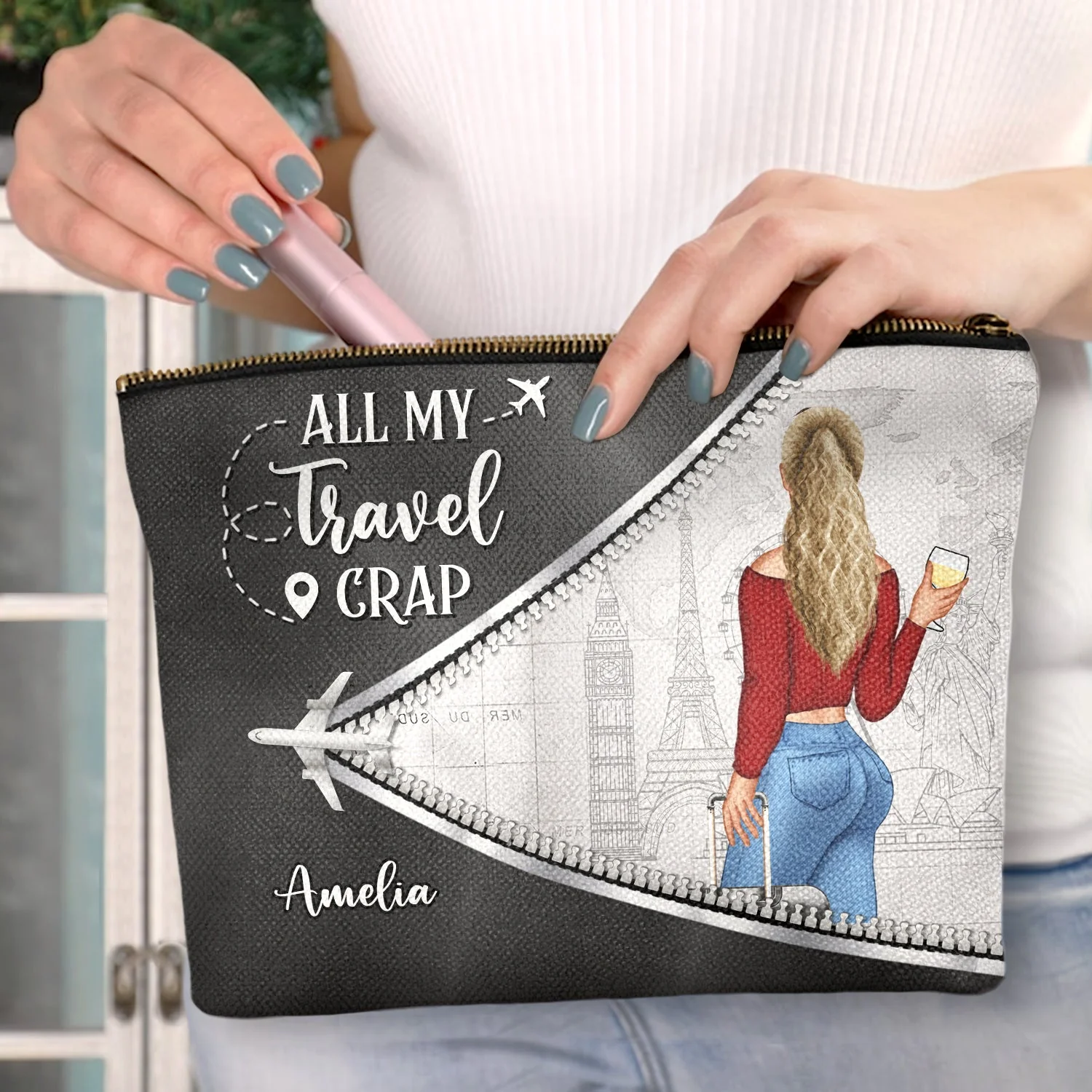 All My Travel Crap - Funny Gift For Traveling Lovers, Travelers, Women - Personalized Cosmetic Bag - Image 3