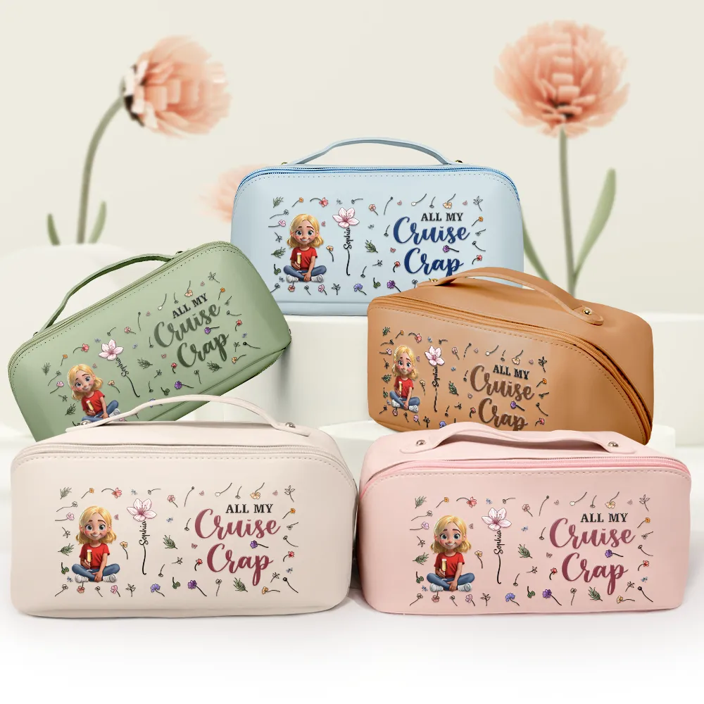 All My Travel Cruise Crap Here Birth Month Flower - Personalized Leather Makeup Bag - Image 3