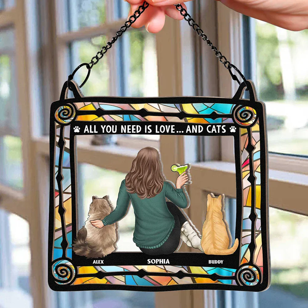 All You Need Is Love And Cats - Personalized Window Hanging Suncatcher Ornament - Image 2