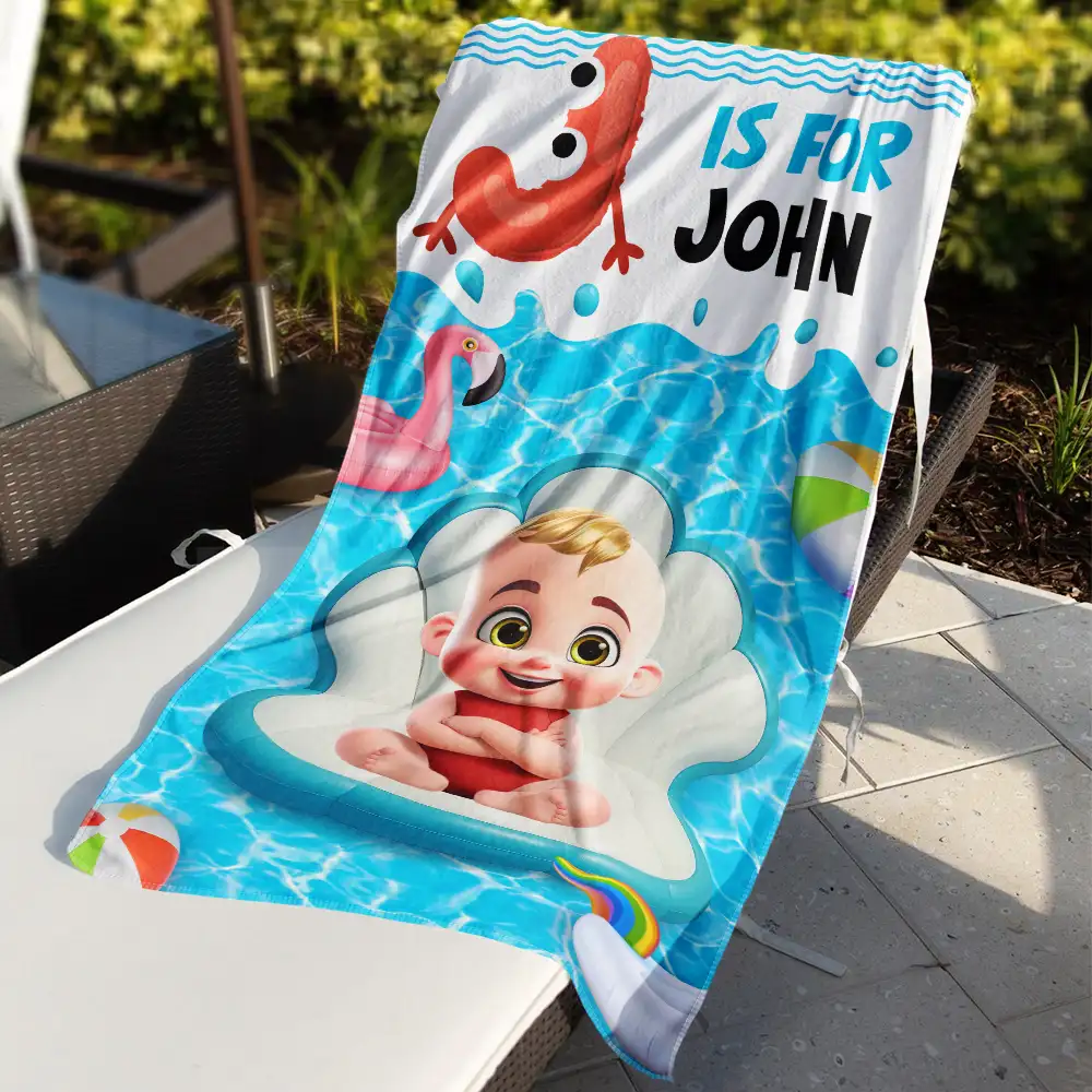 Alphabet Kid Baby On Swimming Pool Float - Personalized Beach Towel - Image 3