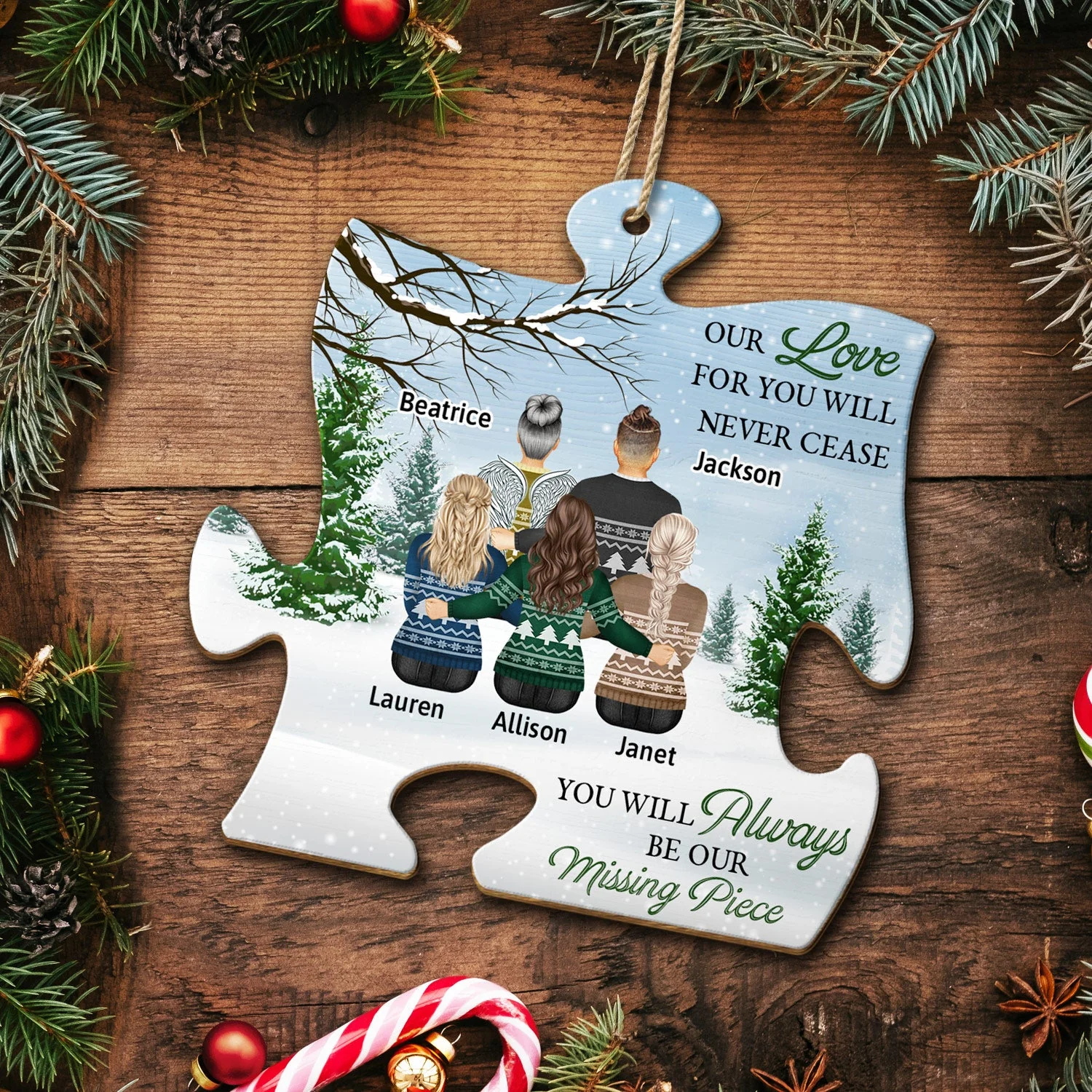 Always Be Our Missing Piece - Memorial, Christmas Gift For Family - Personalized Custom Shaped Wooden Ornament - Image 5