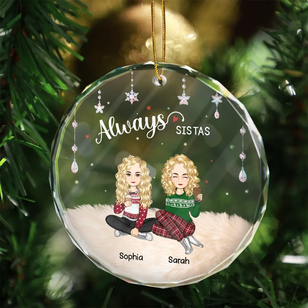 Always Besties Sisters Cartoon - Personalized Circle Glass Ornament - Image 3