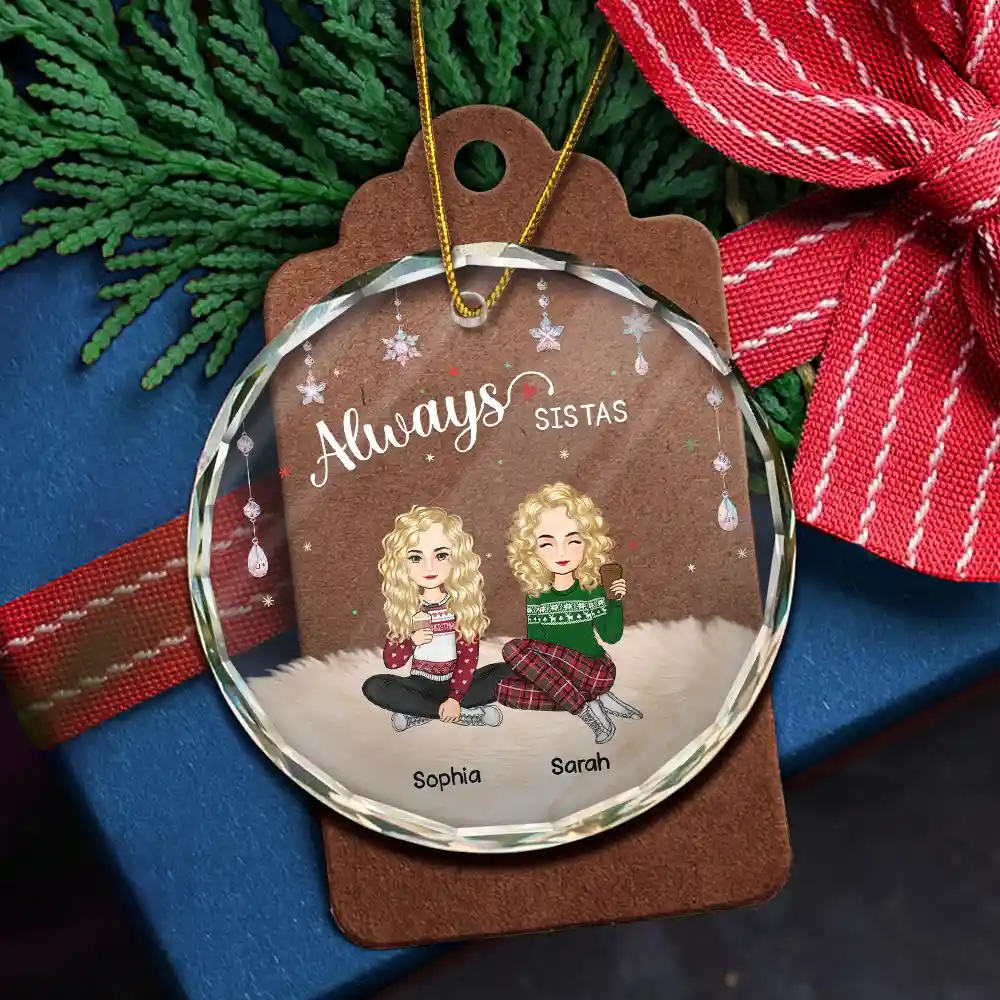 Always Besties Sisters Cartoon - Personalized Circle Glass Ornament - Image 5