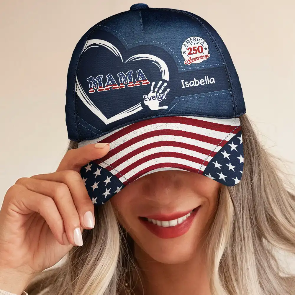 America 250 Anniversary Grandpa Dad Kids Handprints - Personalized Classic Cap - Image 5