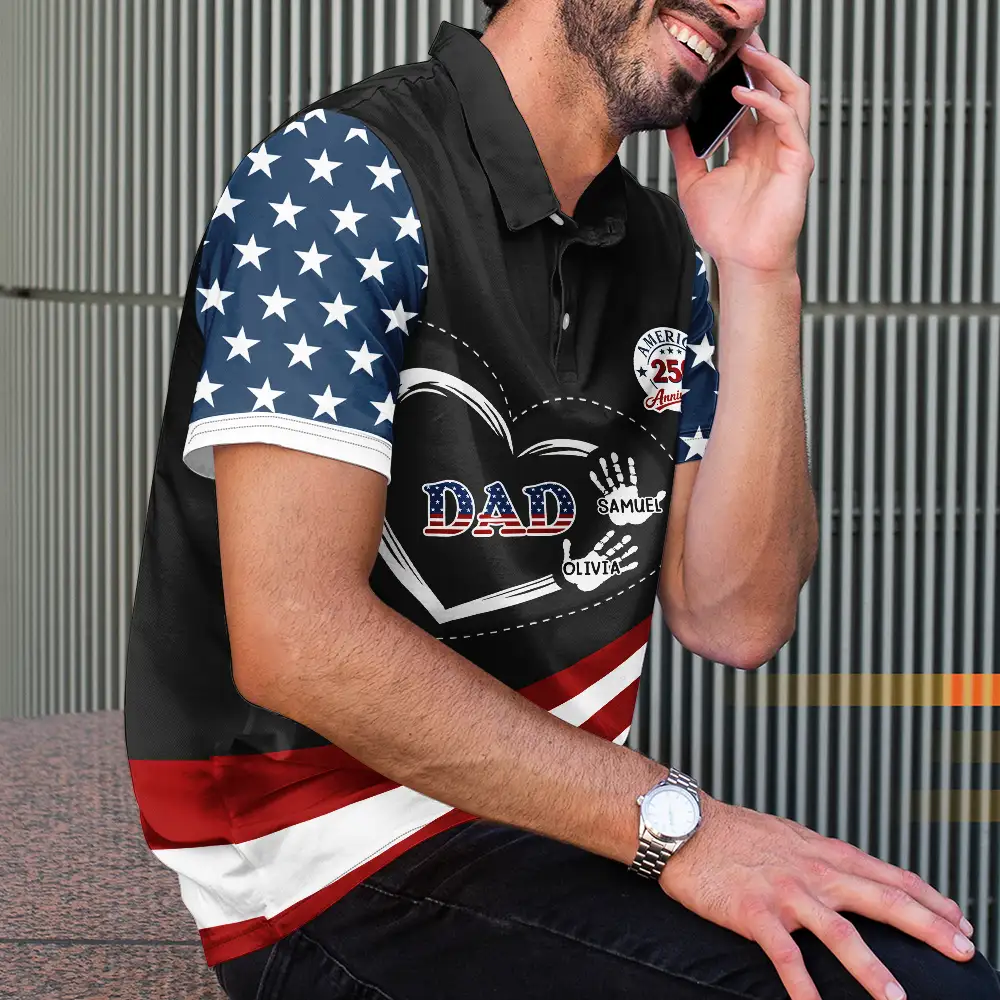 America 250 Anniversary Grandpa Dad Kids Handprints - Personalized Polo Shirt - Image 4