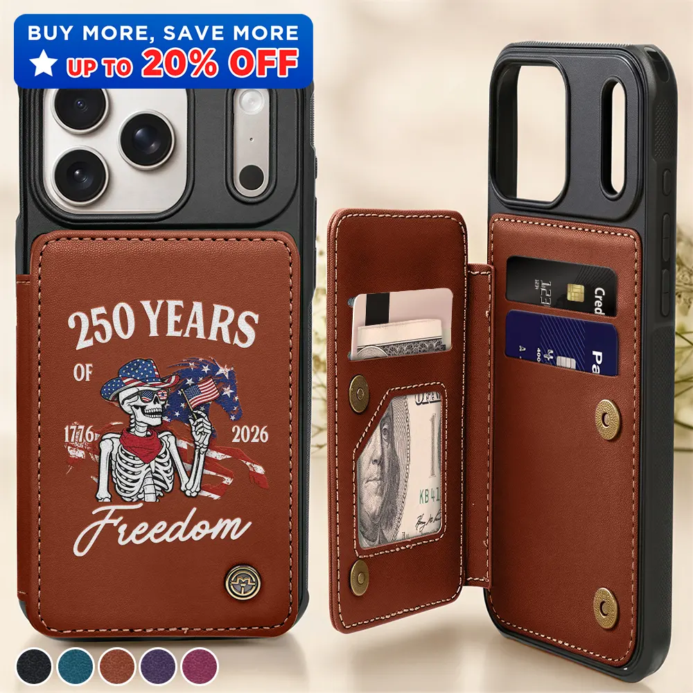 America 250 Years Of Freedom Cowboy Skeleton - Leather Flip Wallet Phone Case