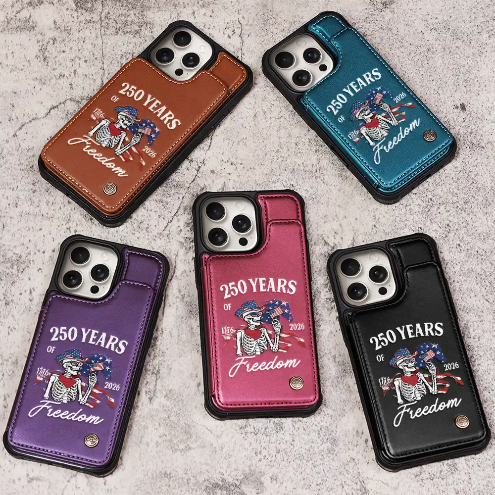 America 250 Years Of Freedom Cowboy Skeleton - Leather Flip Wallet Phone Case - Image 3