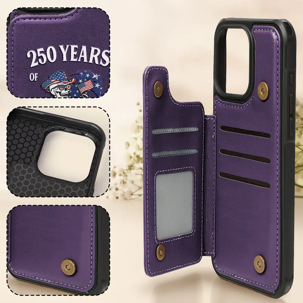 America 250 Years Of Freedom Cowboy Skeleton - Leather Flip Wallet Phone Case - Image 4