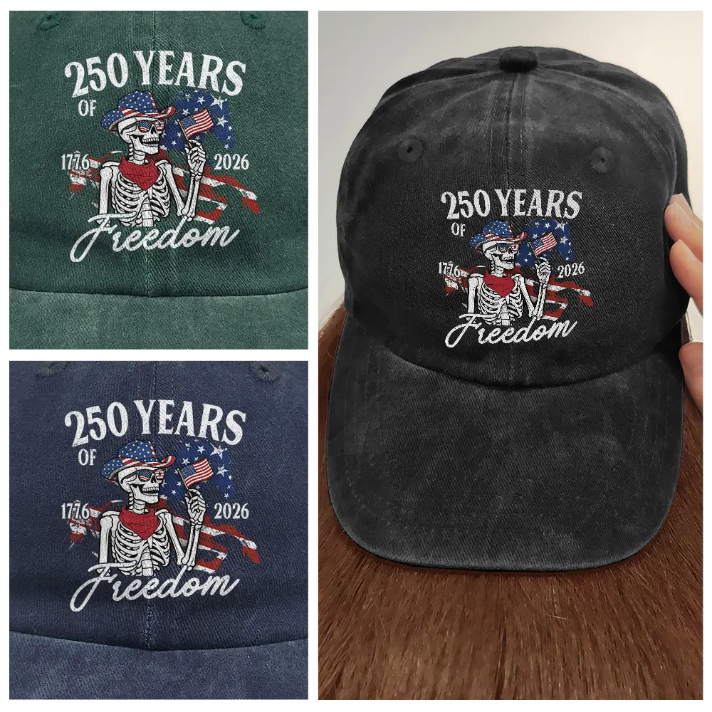 America 250 Years Of Freedom Cowboy Skeleton - Vintage Washed Denim Cap - Image 4