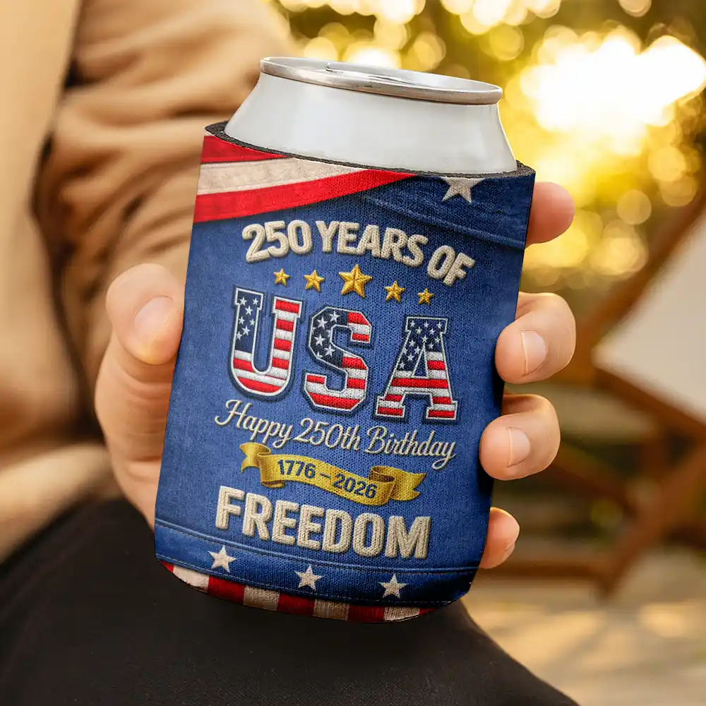 America 250 Years Of Freedom Embroidery Effect Prints - Personalized Can Cooler Sleeve - Image 3