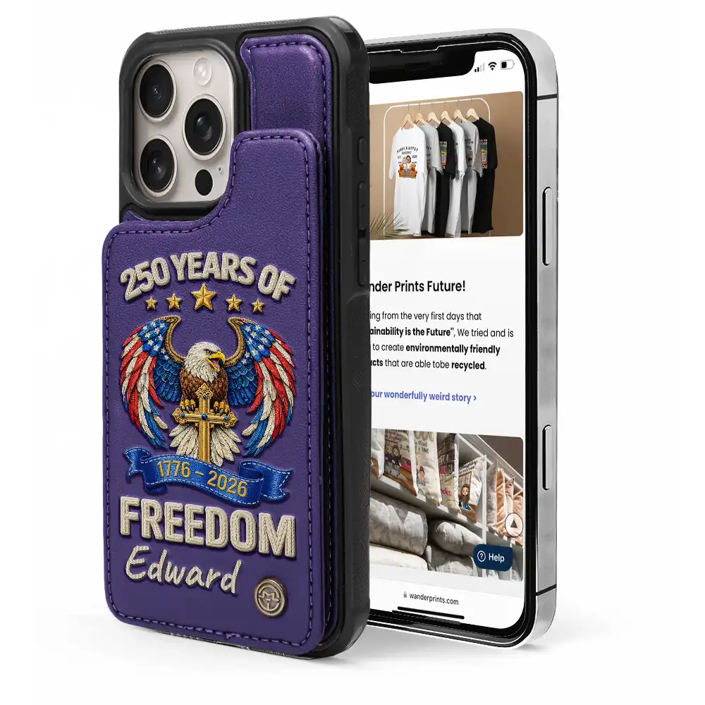 America 250 Years Of Freedom Embroidery Effect Prints - Personalized Leather Flip Wallet Phone Case - Image 5