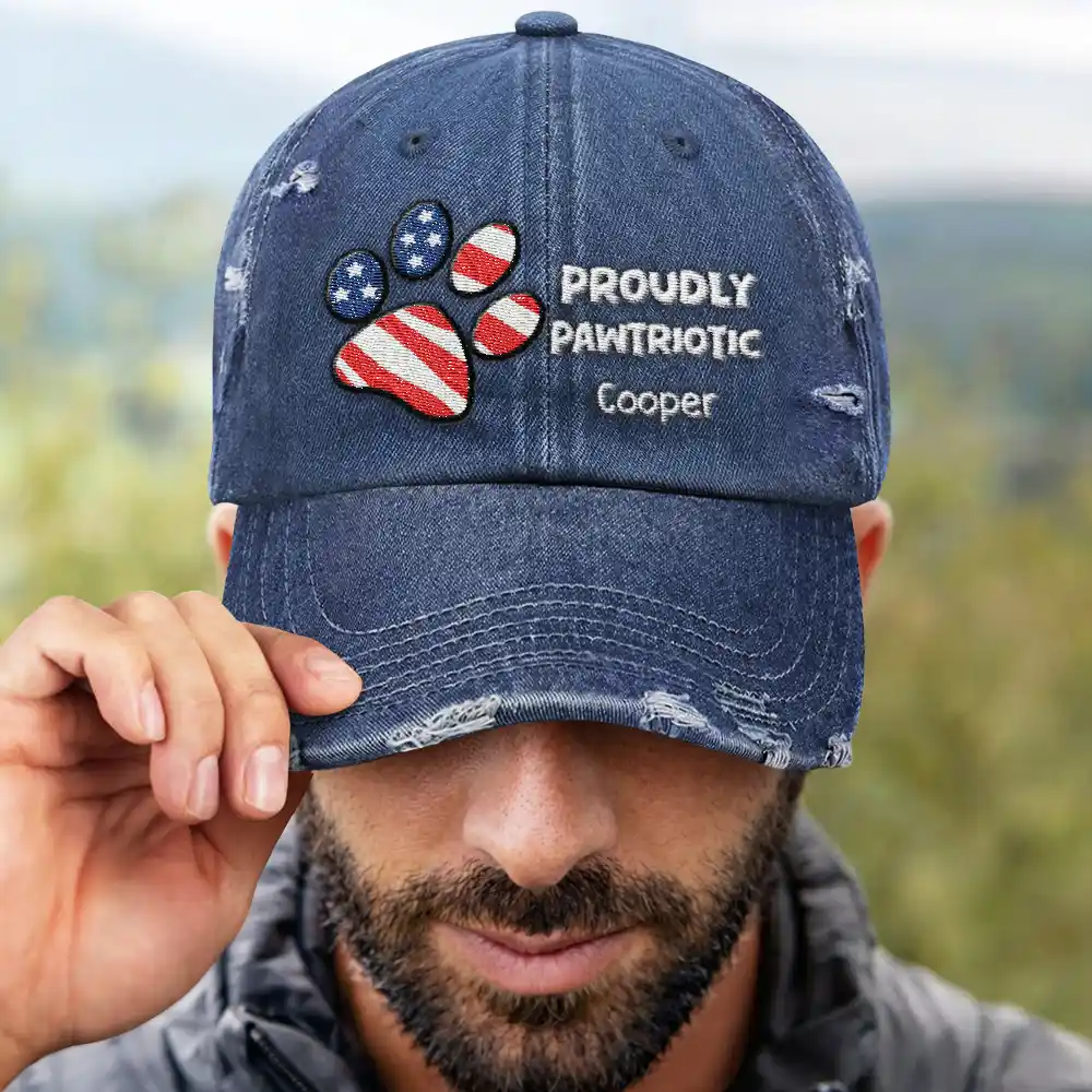 America Proudly Pawtriotic Custom Pet Name - Personalized Embroidered Distressed Cap - Image 4