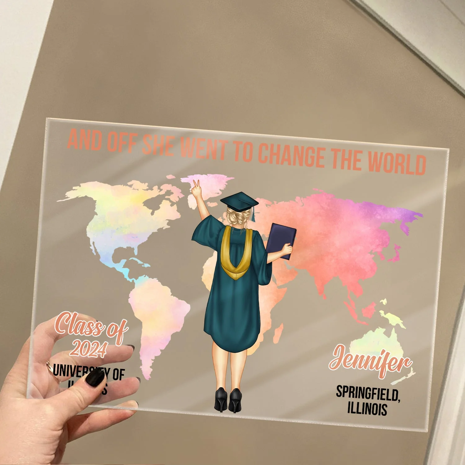 And Off She Went To Change The World - Graduation Gift, Gift For Friends - Personalized Horizontal Rectangle Acrylic Plaque - Image 4