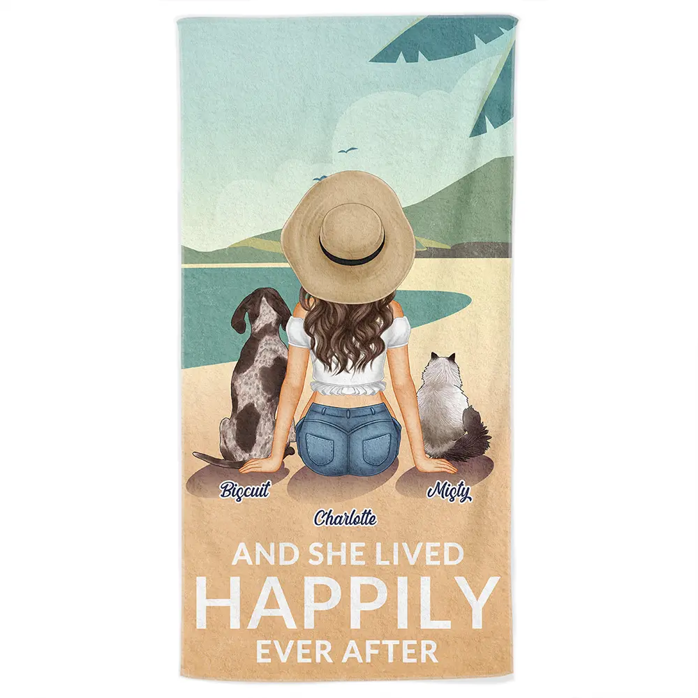 And She Lived Happily Ever After Loves Dogs Cats - Personalized Beach Towel - Image 2