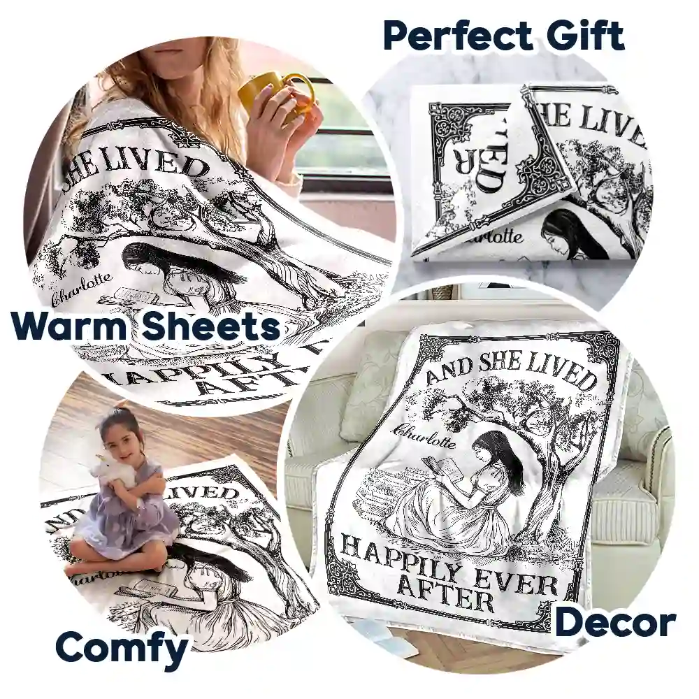 And She Lived Happily Ever After Reading Chinoiserie Toile - Personalized Fleece Blanket, Sherpa Blanket - Image 7