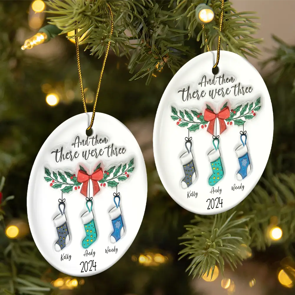 And The There Were Family Christmas - 3D Inflated Effect Printed Ornament, Personalized Circle Ceramic Ornament - Image 2