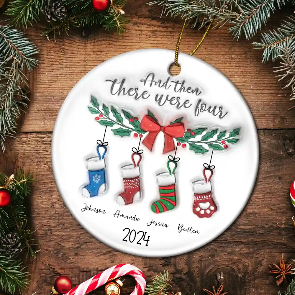 And The There Were Family Christmas - 3D Inflated Effect Printed Ornament, Personalized Circle Ceramic Ornament - Image 5