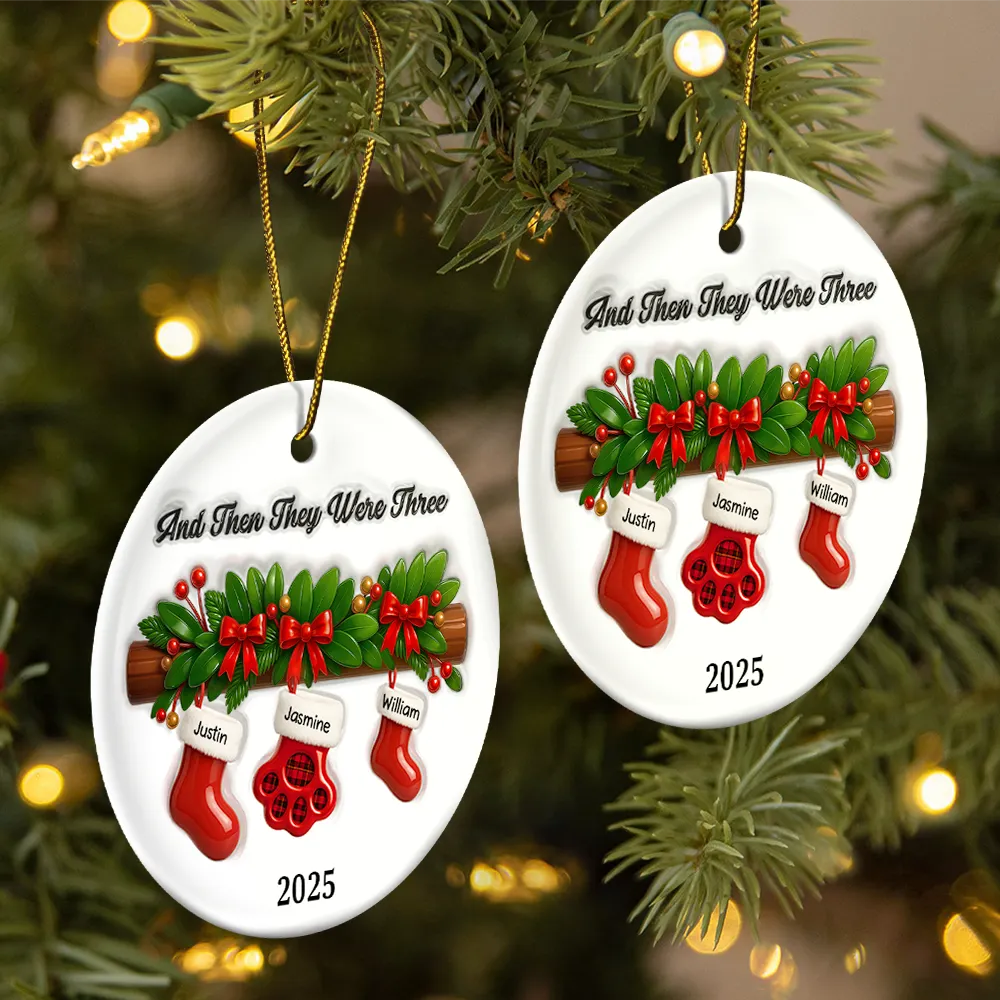 And Then There Were Four Stockings Family - 3D Inflated Effect Printed Ornament, Personalized Circle Ceramic Ornament - Image 2