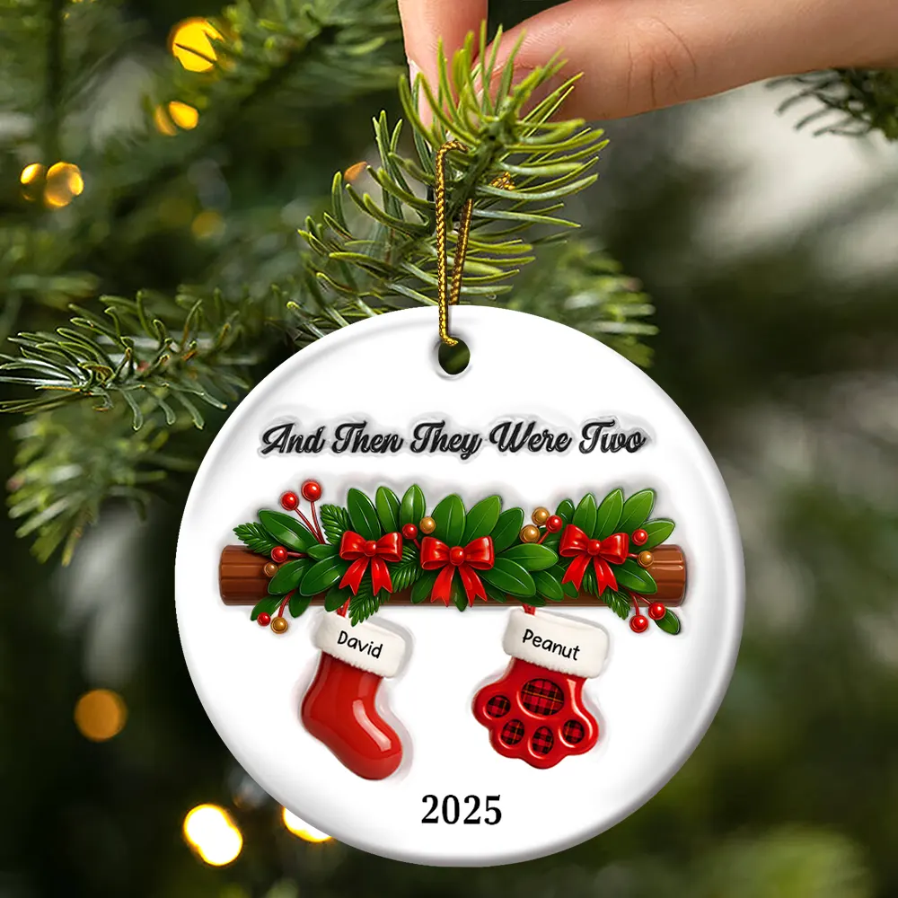 And Then There Were Four Stockings Family - 3D Inflated Effect Printed Ornament, Personalized Circle Ceramic Ornament - Image 3