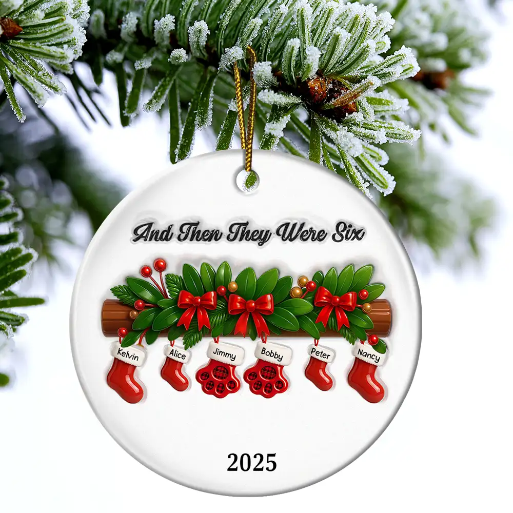 And Then There Were Four Stockings Family - 3D Inflated Effect Printed Ornament, Personalized Circle Ceramic Ornament - Image 4