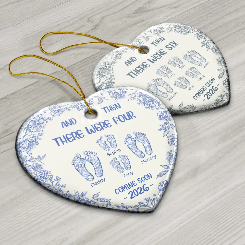 And Then There Were Toile Footprints Family - Personalized Heart Ceramic Ornament - Image 6