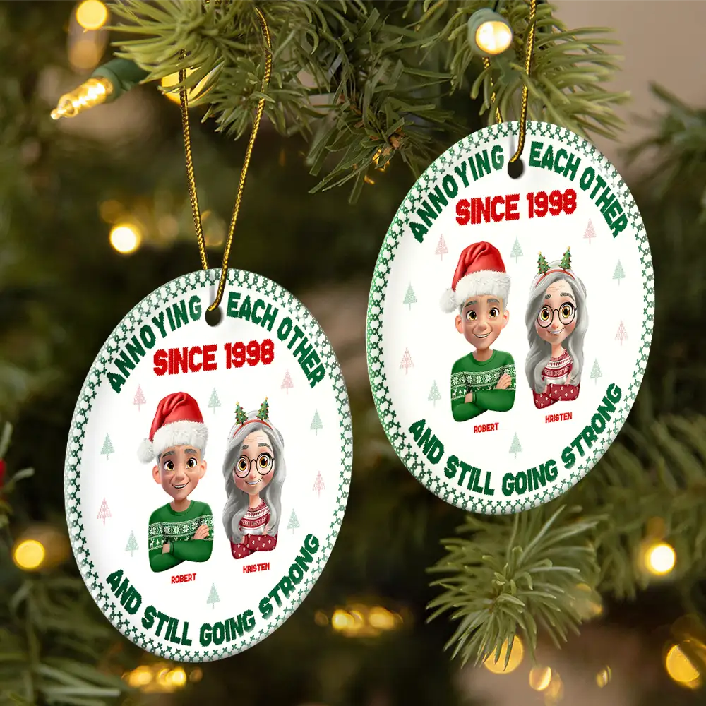 Annoying Each Other 3D Effect Couple Crossed Arms - Personalized Circle Ceramic Ornament - Image 2