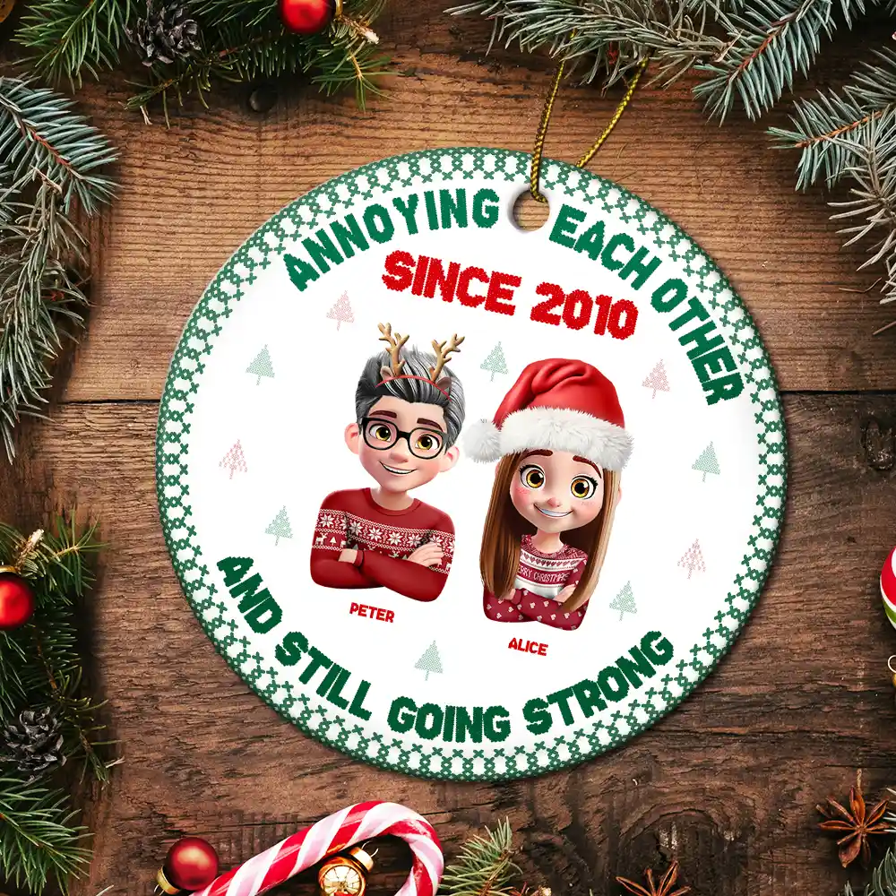 Annoying Each Other 3D Effect Couple Crossed Arms - Personalized Circle Ceramic Ornament - Image 5