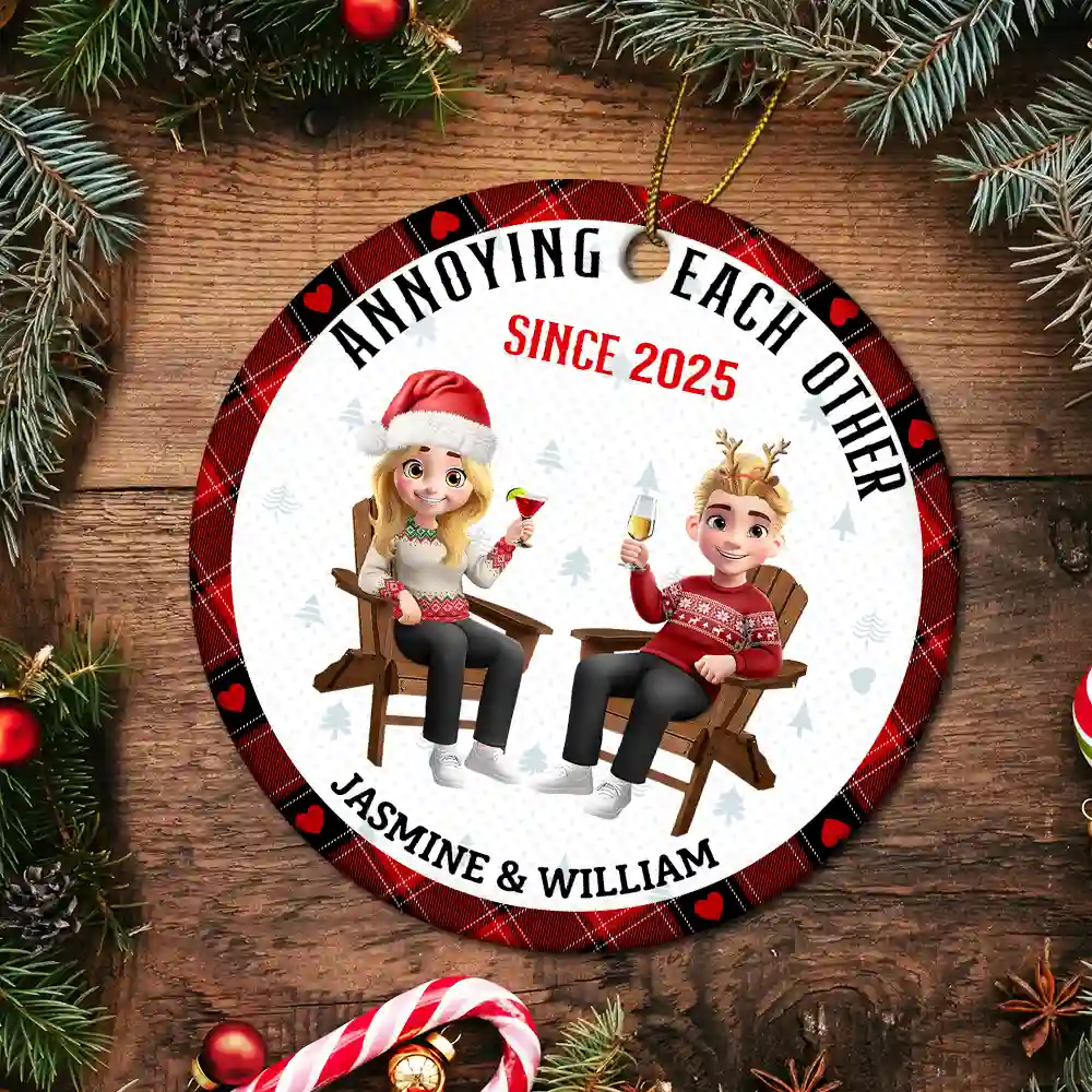 Annoying Each Other Since 3D Effect Couple - Personalized Circle Ceramic Ornament - Image 5