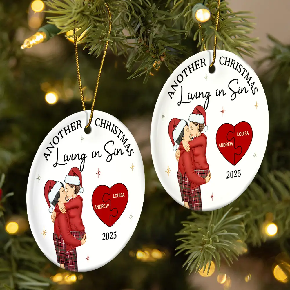 Another Christmas Living In Sin Kissing Couples - Personalized Circle Ceramic Ornament - Image 2