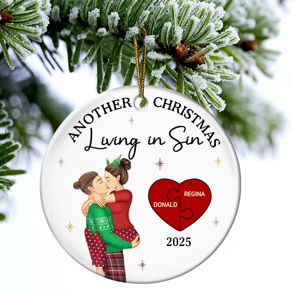 Another Christmas Living In Sin Kissing Couples - Personalized Circle Ceramic Ornament - Image 4