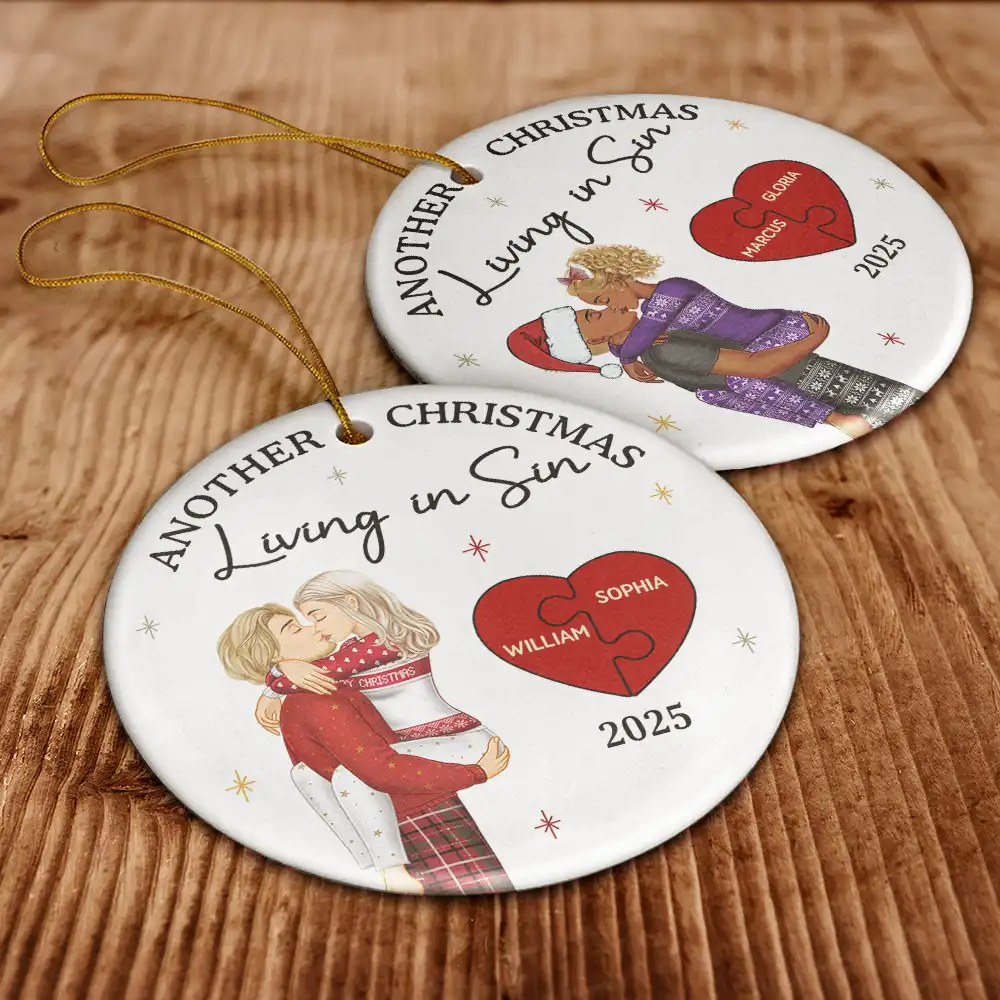 Another Christmas Living In Sin Kissing Couples - Personalized Circle Ceramic Ornament - Image 6